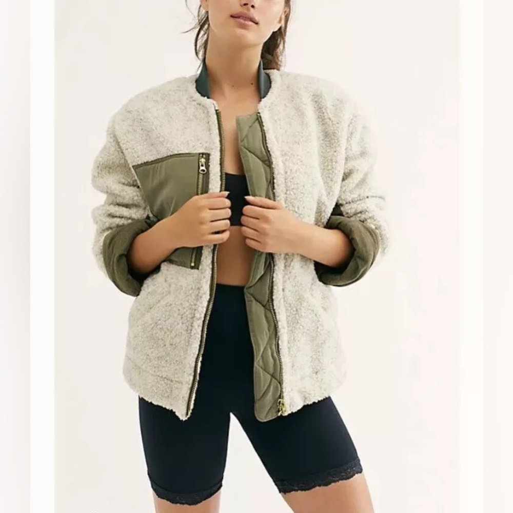 NWT Free People Rivington Sherpa jacket in green cream desert combo